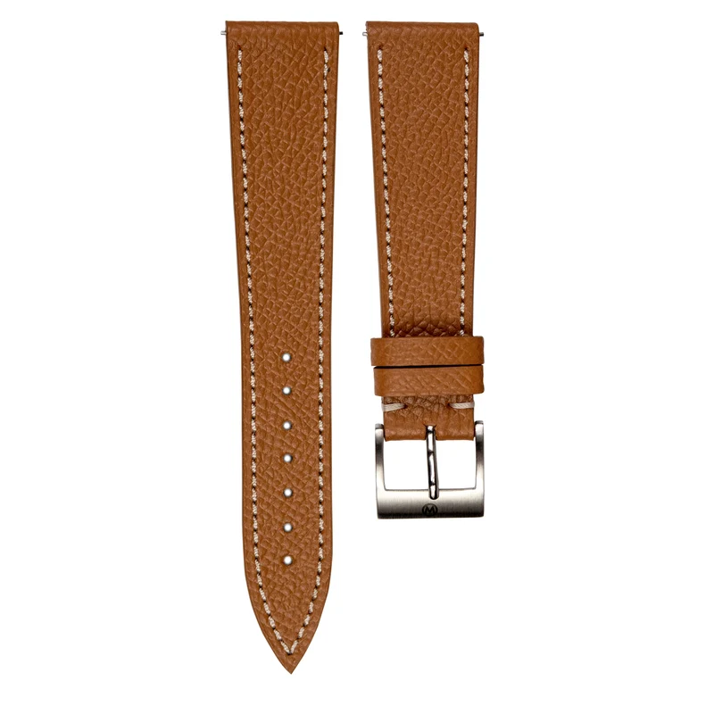 Monochrome - Grained Calfskin Watch Strap - Cognac (White Stitch)