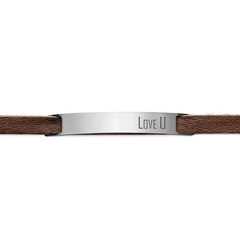 Pulsera de cuero marrón, Placa | LOVE U
