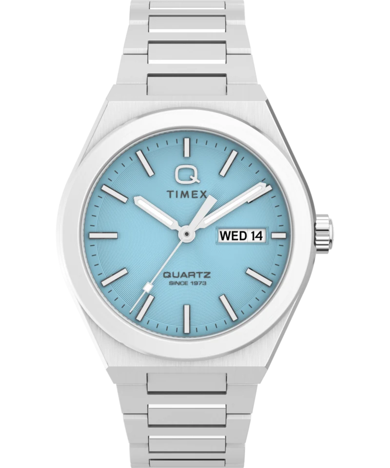 Q Timex® Continental Day and Date 39mm Stainless Steel Bracelet Watch