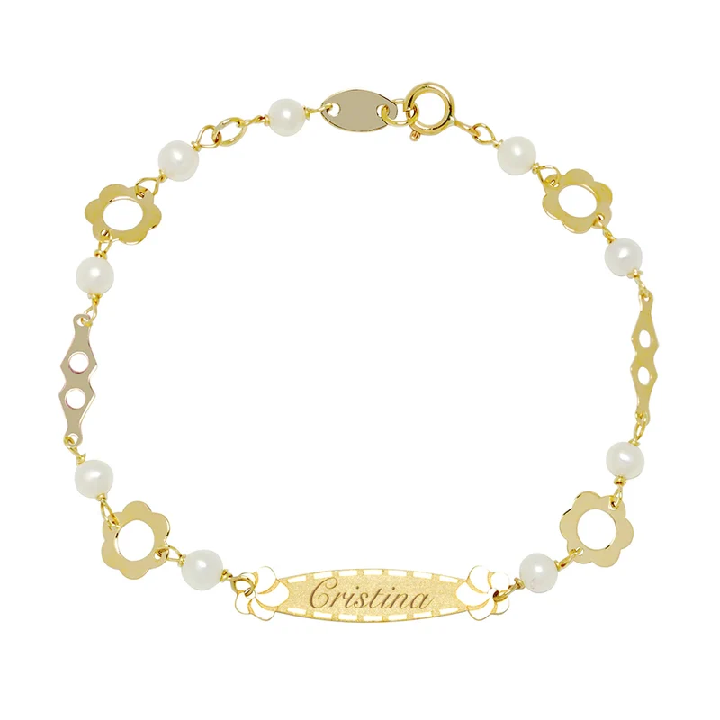 Pulsera Nomeolvides Flor y Perla en Oro Amarillo 9 Kilates