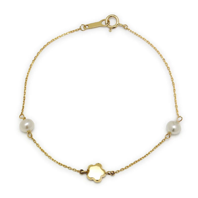 Pulsera de Oro de 9 Quilates con Perlas y Flor
