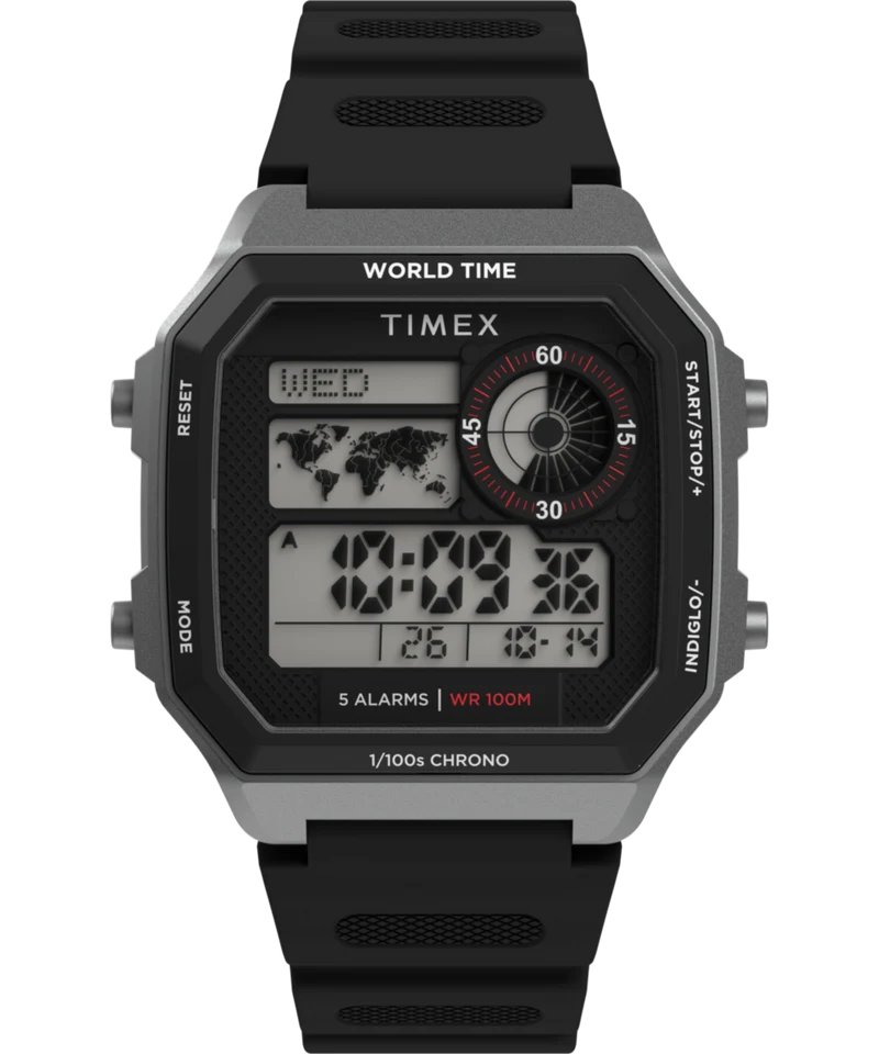 World Time Digital 40mm Resin Strap Watch