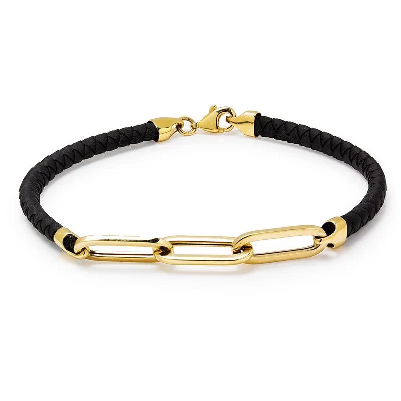 Pulsera de Cuero Negro con Eslabones de Oro de 9 Quilates