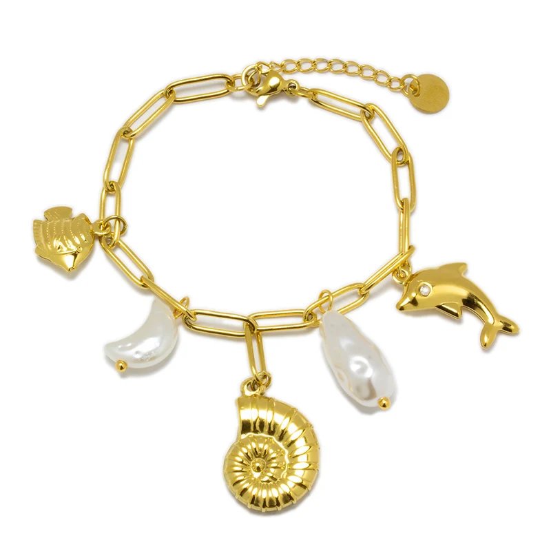 Pulsera de Motivos Marinos con Perla de Acero Inoxidable