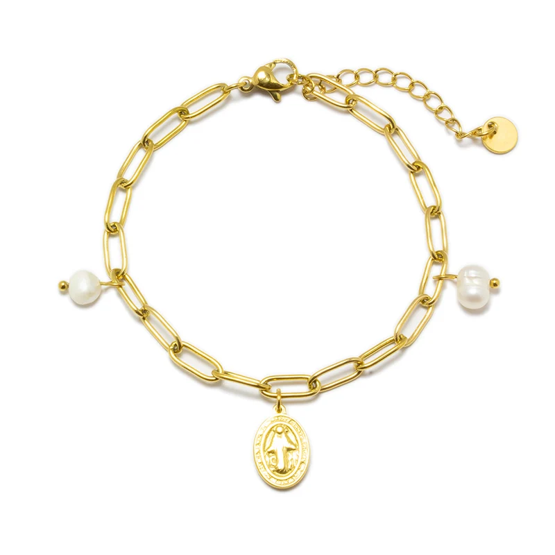 Pulsera Tesi de Acero Inoxidable con Perla y Medalla Virgen