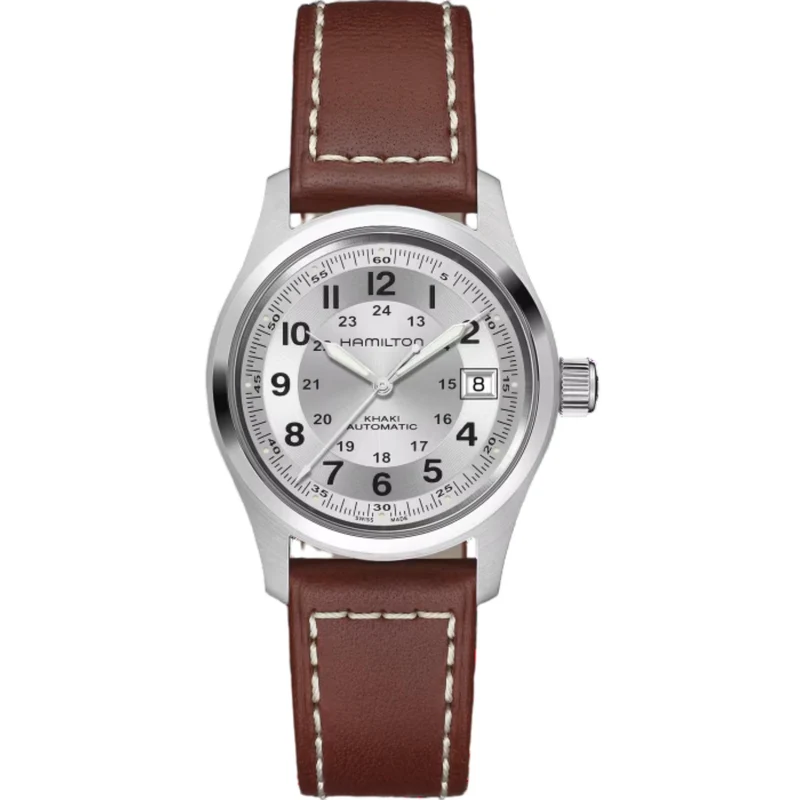 Hamilton Khaki Field 38mm Silver Dial Leather Mens Automatic Watch H70455553