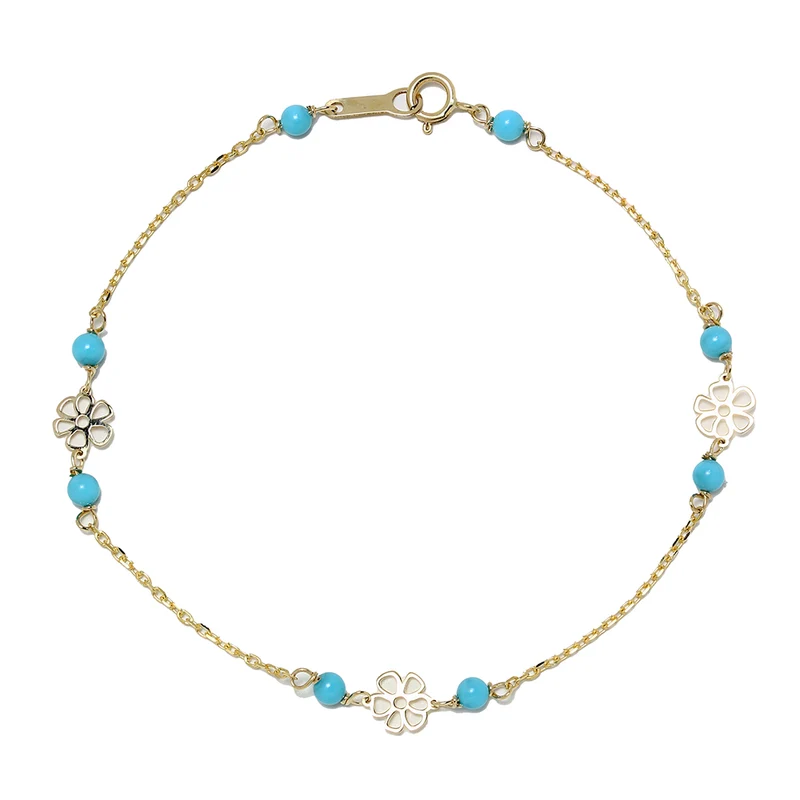Pulsera de Flores Calada de Oro de 9 Quilates con Turquesa