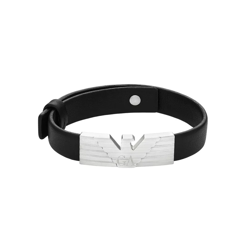 Emporio Armani Stainless Steel and Black Leather Strap ID Bracelet EGS3075040