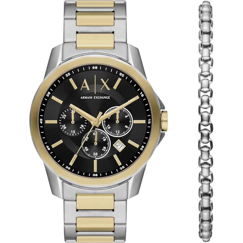 Armani Exchange Banks 44mm Chronograph Black Dial Steel Mens Quarts Watch and Bracelet Set AX7148SET