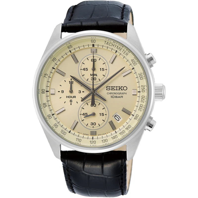 Seiko Essentials 41.5mm Chronograph Cream Dial Leather Mens Quartz Watch SSB383P1