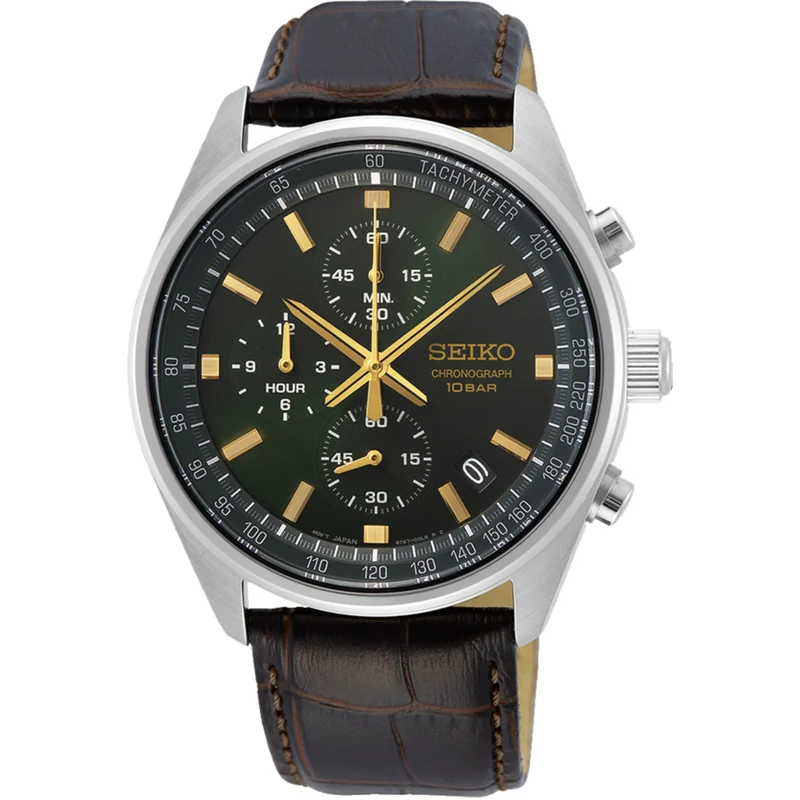 Seiko Essentials 41.5mm Chronograph Green Dial Leather Mens Quartz Watch SSB385P1