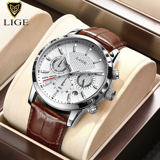 LIGE 9866 Men's Chronograph Watch – Leather Strap Luxury Dress Watch
