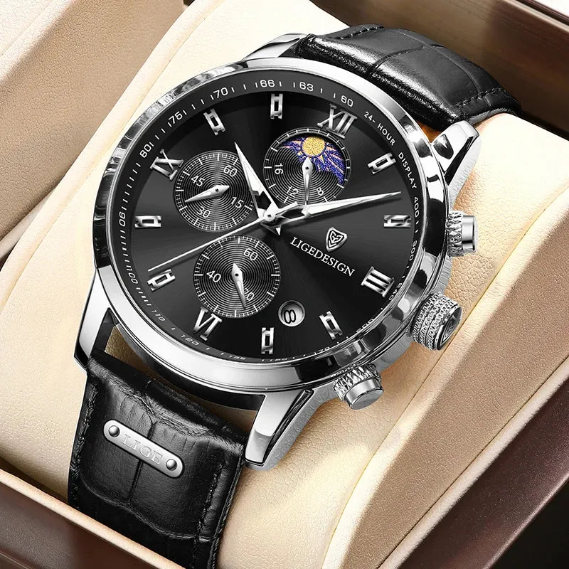 LIGE 8953 Men's Moon Phase Chronograph Watch – Leather Strap Quartz Dress Watch