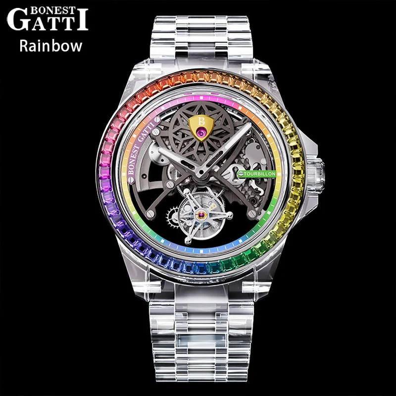 Bonest Gatti BG7002 Rainbow Tourbillon – Transparent K9 Crystal Masterpiece Watch