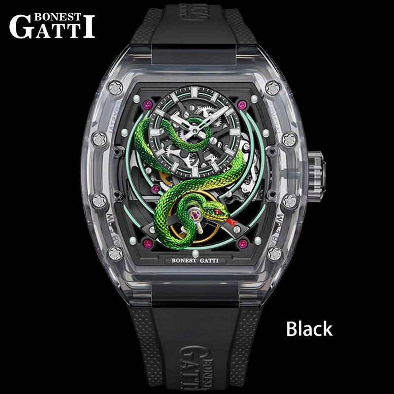 Bonest Gatti BG6004 Transparent Emerald Snake Dial – Skeleton Tonneau Watch