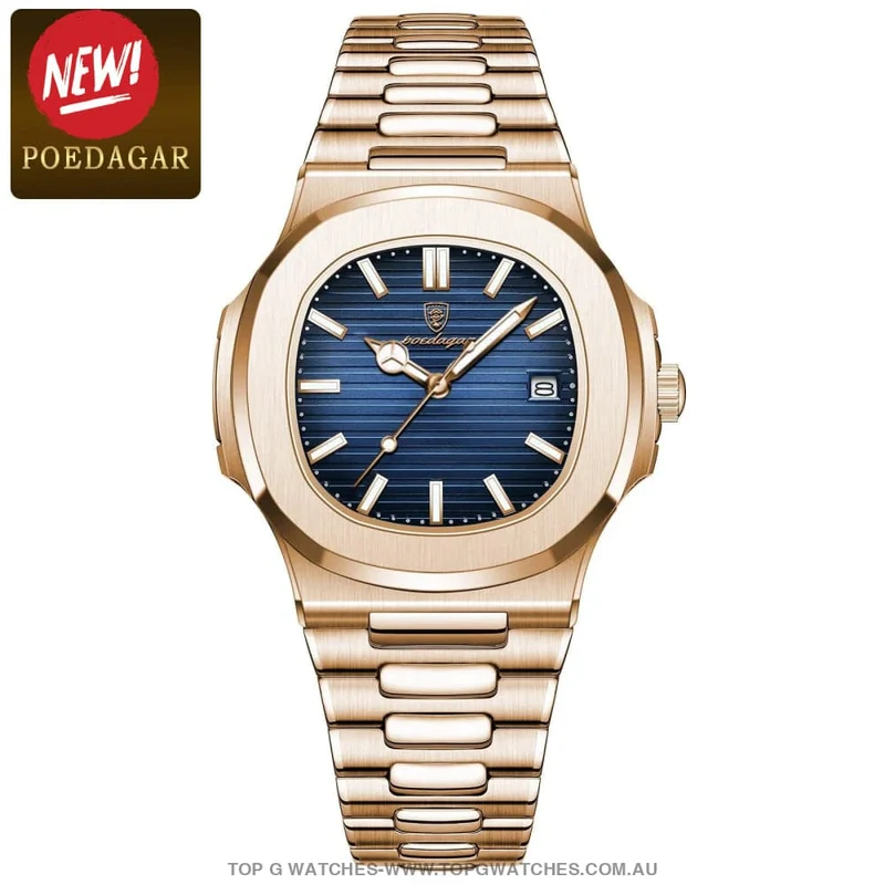 POEDAGAR Men's Rose Gold Square Watch - Japanese Quartz Luminous Diver's Watch