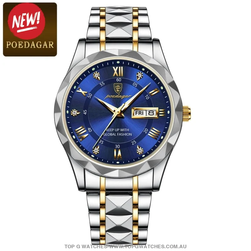 Poedagar Diamond-Cut Bezel Stainless-Steel Waterproof Fashion Quartz Wristwatch