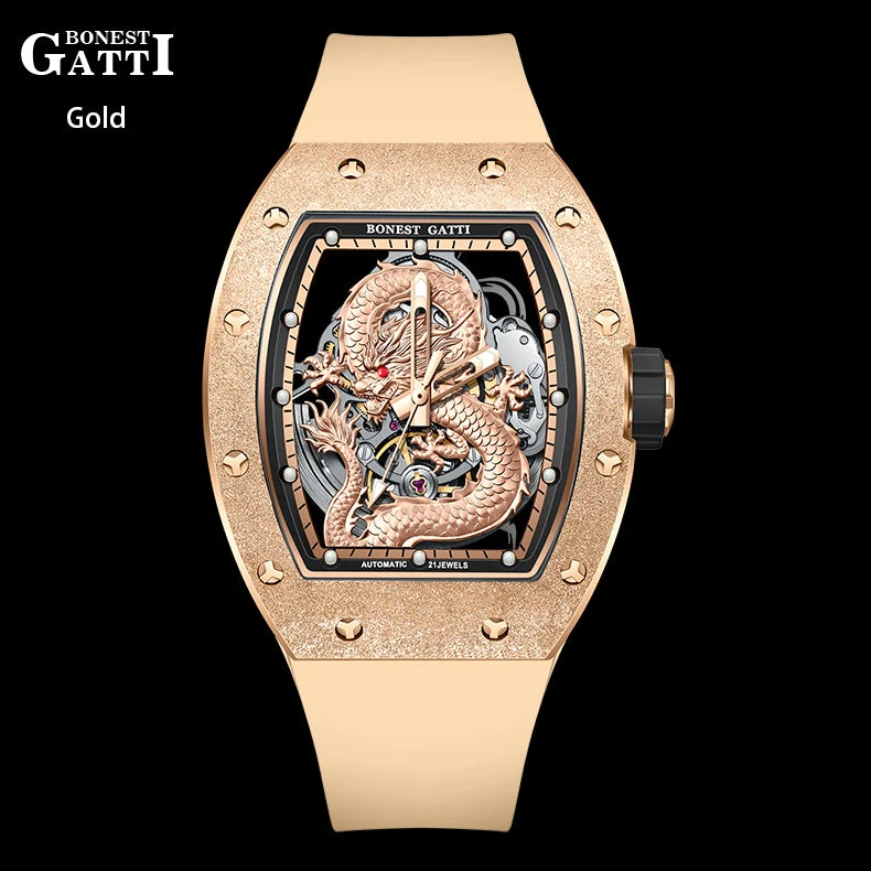 Bonest Gatti BG5003 Dragon Frosted Gold – Tonneau Automatic Mechanical Watch