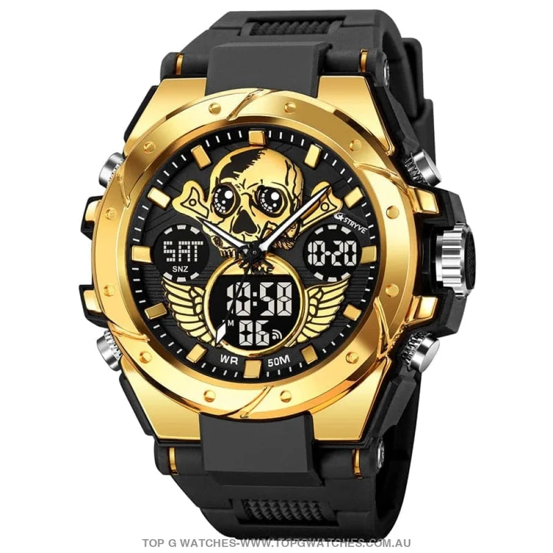STRYVE Skull Dual Display Watch – Gold G-Style Sport Digital & Analog