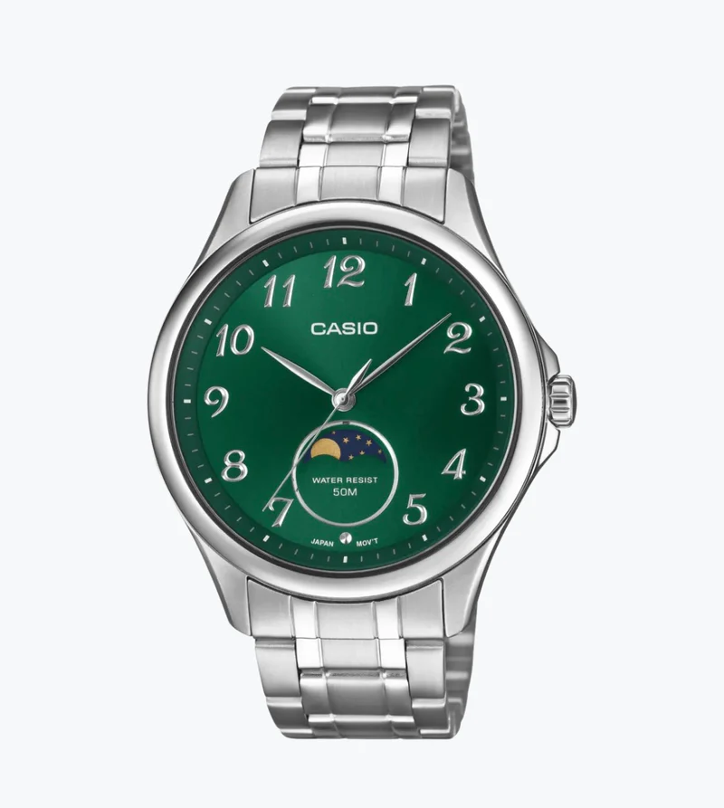 Casio Reloj para Hombre con Fase Lunar y Esfera Verde — MTP-M110D-3AV