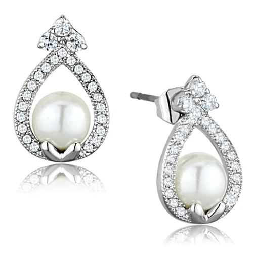 Pendiente Rhodium Brass Earrings with Synthetic Pearl in White