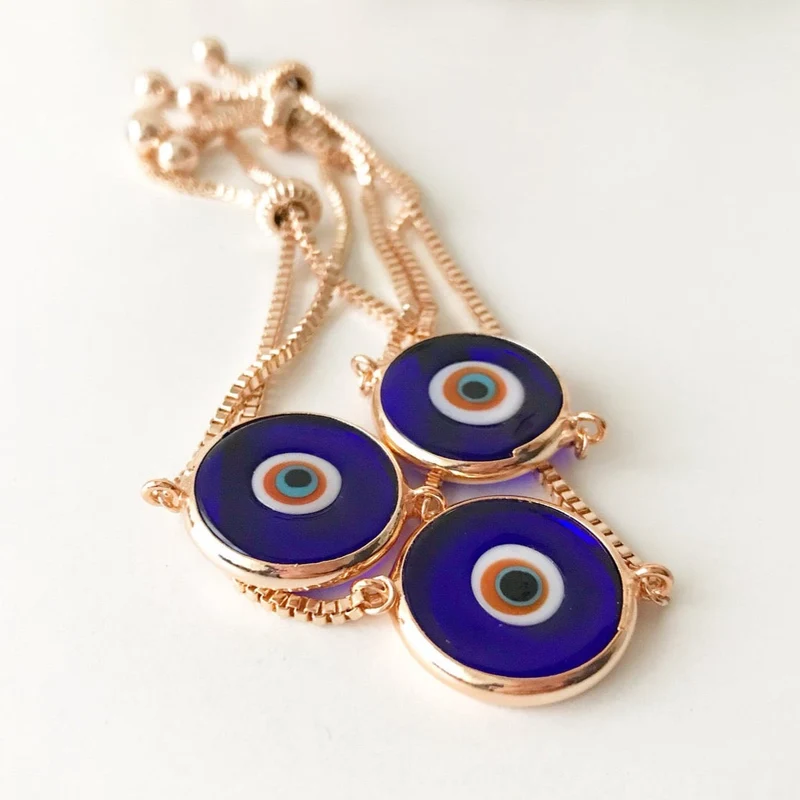Pulsera de cristal de Murano contra el mal de ojo, pulsera ajustable de oro rosa, azul