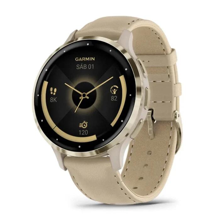 Reloj Garmin Venu 3S Acero Gold Correa Cuero Beige 010-02785-55