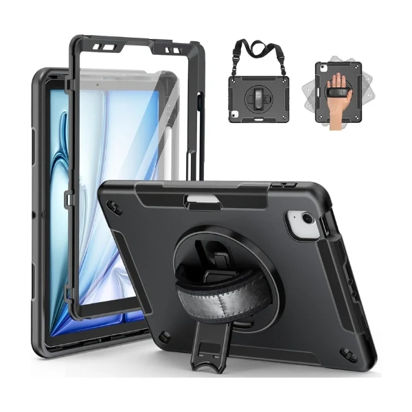 Funda SUPFIVES iPad Air 11" 7ª/6ª Gen - Protección Militar - Correa Hombro - Soporte Apple Pencil - Protector Pantalla - Carbón Negro