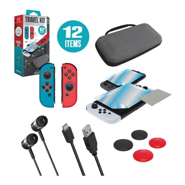 Kit de viaje Armor3 para Nintendo Switch y Switch OLED con estuche protector y accesorios - M07533 - Gris/Azul/Rojo