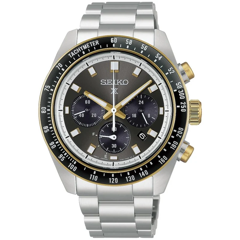 Reloj de hombre SEIKO Prospex Speedtimer HBJ002P Classic Racing-Inspired, color gris oscuro, esfera negra, tono dorado, cronógrafo solar V192.