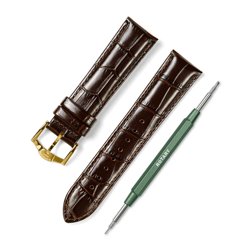 Brown Crocodile Print Leather Strap – 22mm | Gold Buckle