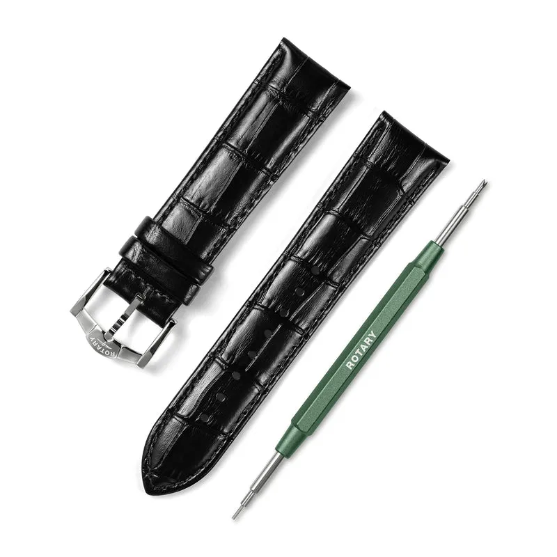 Black Crocodile Print Leather Strap – 22mm | Stainless Steel Buckle