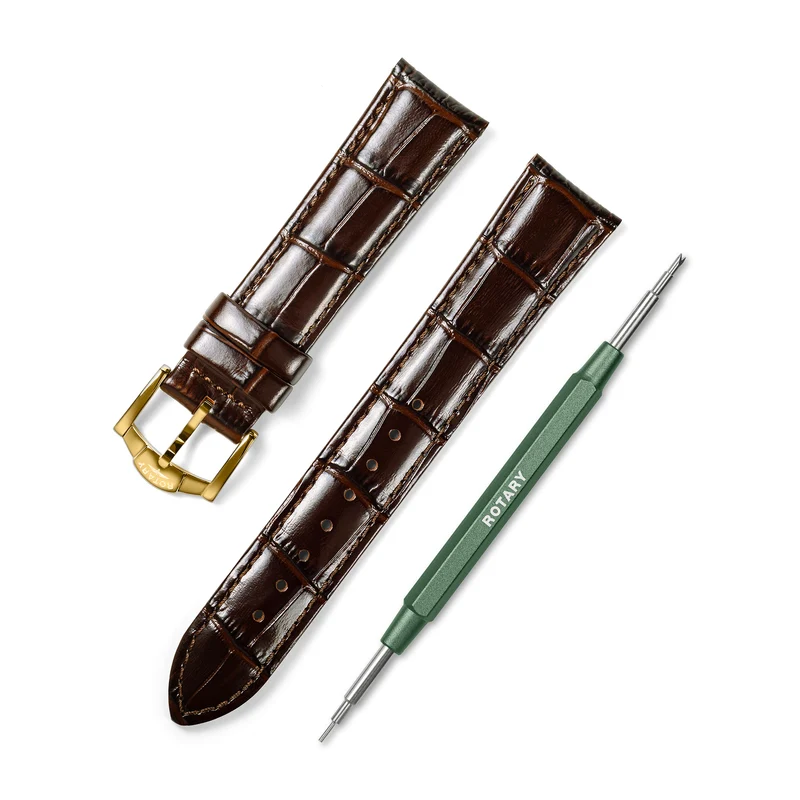 Brown Crocodile Print Leather Strap – 20mm | Gold Buckle