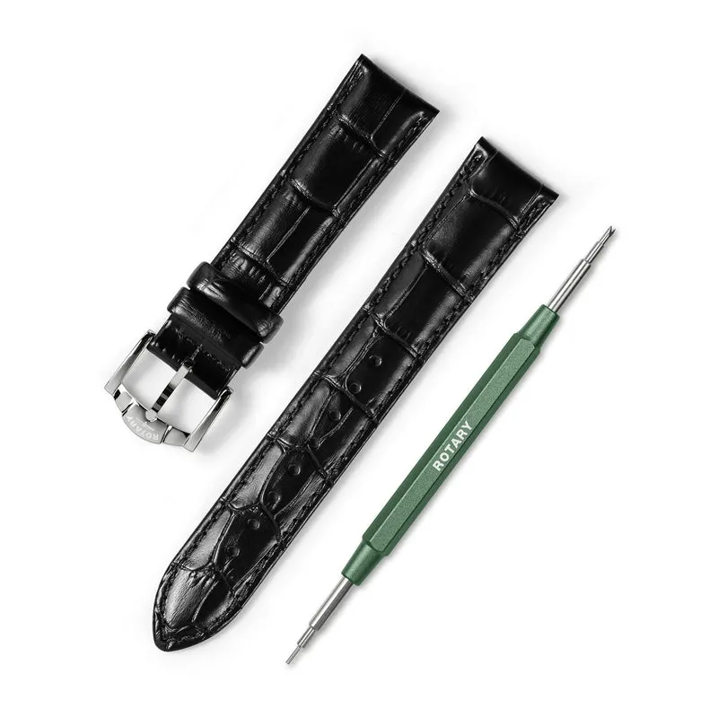 Black Crocodile Print Leather Strap – 20mm | Stainless Steel Buckle
