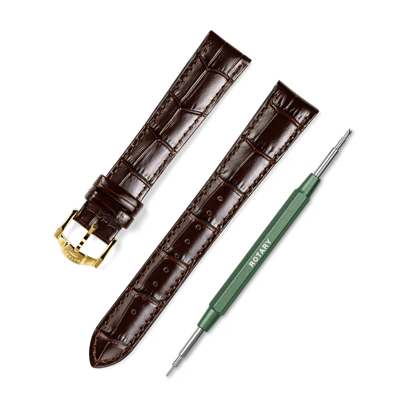 Brown Crocodile Print Leather Strap – 18mm | Gold Buckle