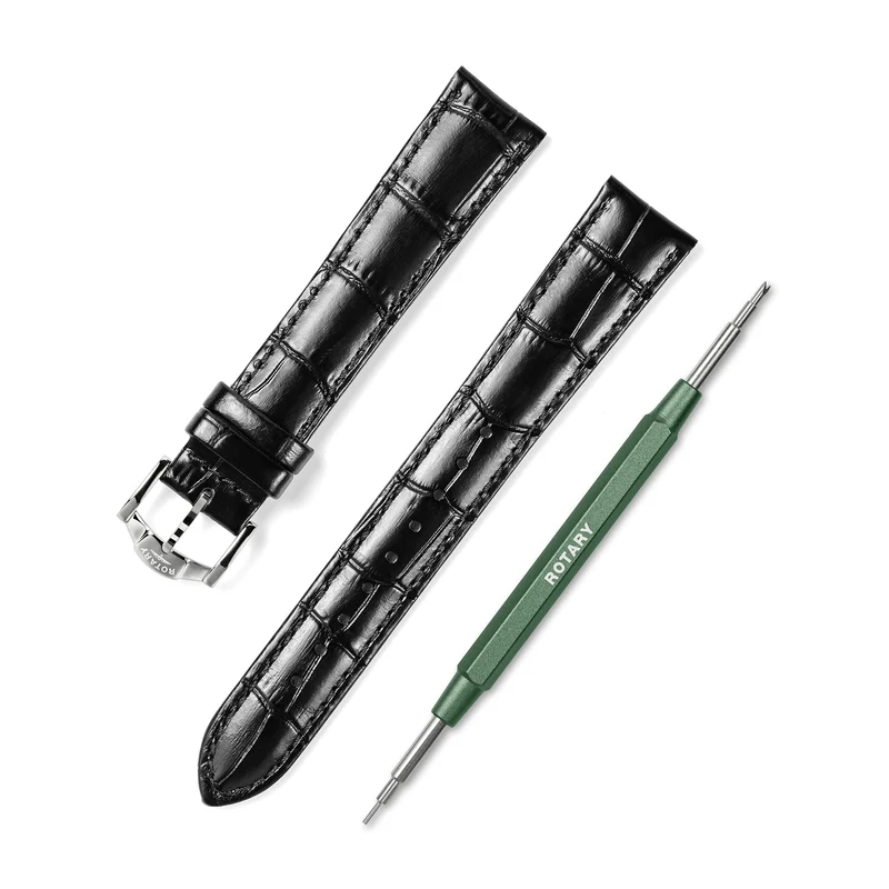 Black Crocodile Print Leather Strap – 18mm | Stainless Steel Buckle