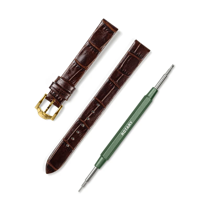Brown Crocodile Print Leather Strap - 13mm | Gold Buckle
