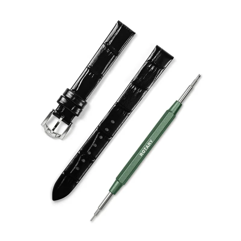 Black Crocodile Print Leather Strap - 13mm | Stainless Steel Buckle