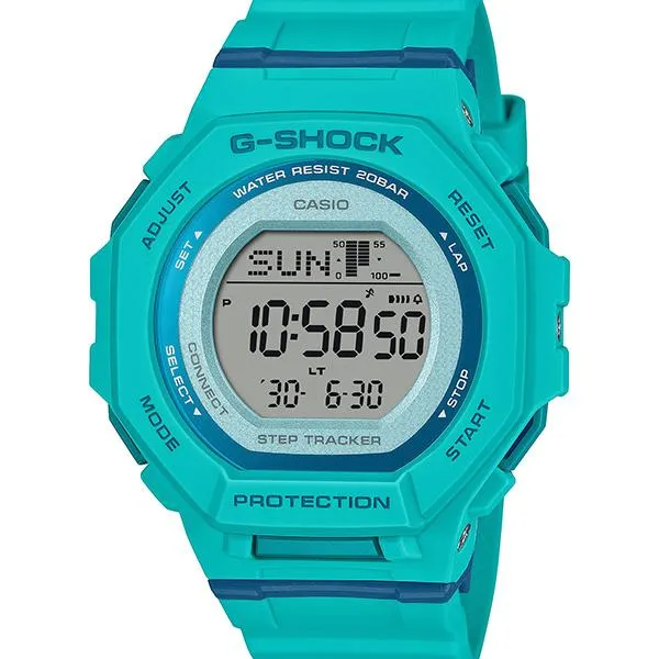 Reloj digital unisex CASIO G-SHOCK GMD-B300SC-2JF JDM de tamaño mediano con Bluetooth, monitor de pasos y color turquesa.