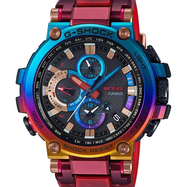Reloj CASIO G-SHOCK con diseño de volcán y relámpagos arcoíris para hombre MTG-B1000VL-4AJR