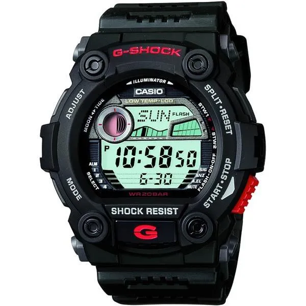 Reloj digital para hombre CASIO G-SHOCK G-7900-1JF JDM G-Rescue resistente a bajas temperaturas con gráfico de mareas y datos lunares, color negro.