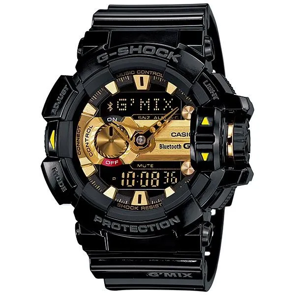 Reloj analógico-digital para hombre CASIO G-SHOCK GBA-400-1A9JF JDM G'MIX con Bluetooth, control de música, color dorado y negro, con interruptor giratorio.