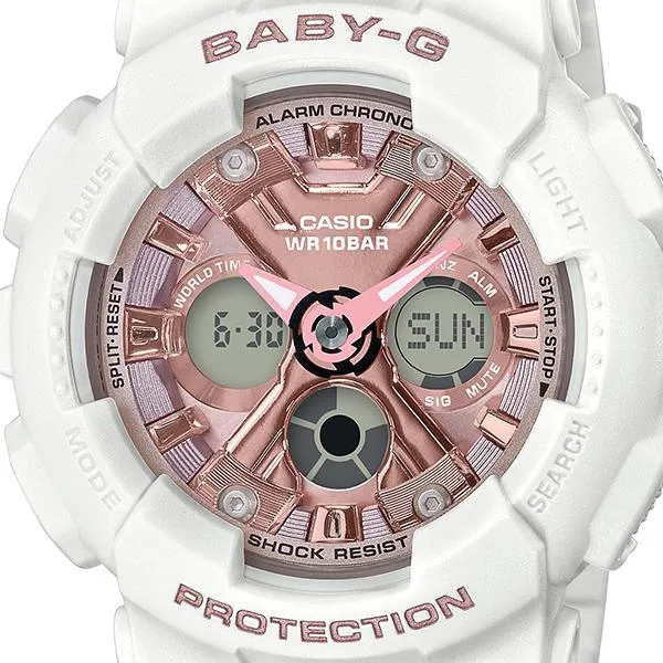 Reloj CASIO BABY-G BA-130-7A1JF JDM analógico-digital rosa y blanco para mujer, estilo casual y urbano.