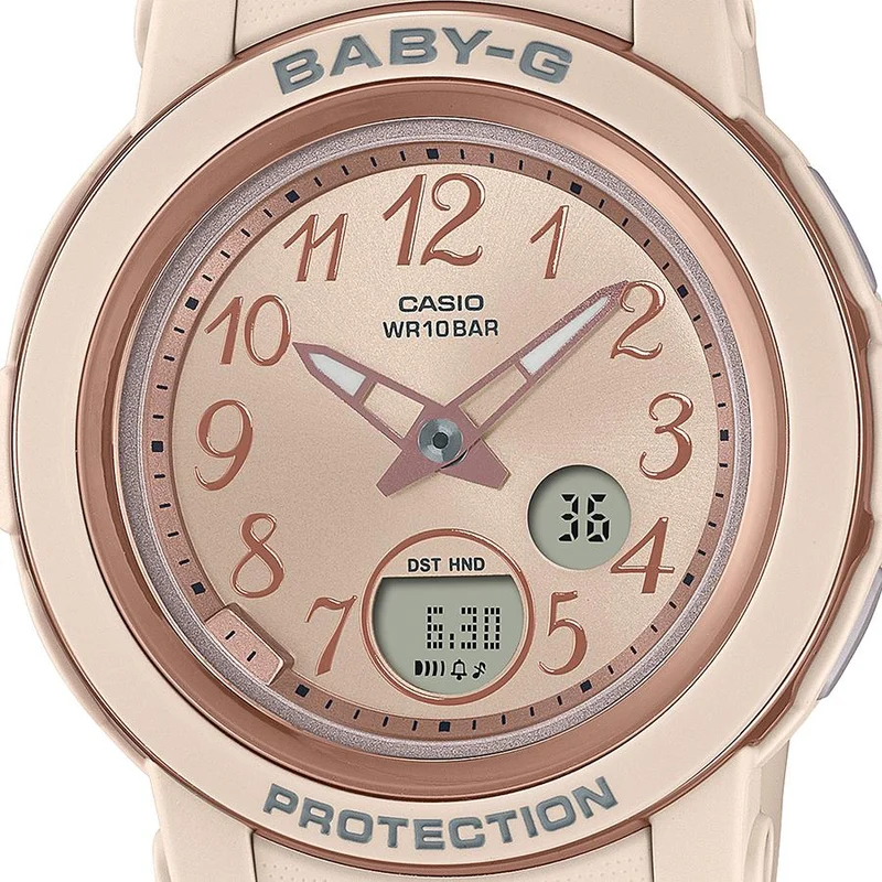 Reloj de mujer CASIO BABY-G BGA-290SA-4AJF JDM analógico-digital de esfera ancha, color rosa claro y resina beige.