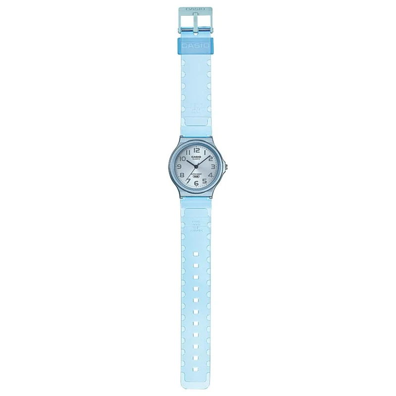 Reloj unisex analógico de cuarzo esqueleto CASIO Collection MQ-24S-2BJF JDM estándar, color azul transparente.
