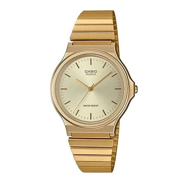 Reloj de pulsera analógico de cuarzo estándar JDM para hombre CASIO Collection MQ-24G-9EJH con correa de metal dorado.