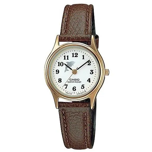 Reloj analógico para mujer CASIO Collection LQ-398GL-7B4LJH JDM con esfera de delfín y correa de piel sintética marrón, ligero.