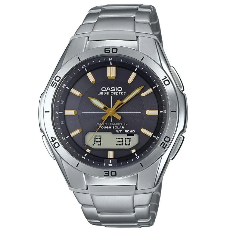 Reloj CASIO Wave Ceptor WVA-M640D-1A3JF JDM Tough Solar Multiband 6 Radio Analógico-Digital para Hombre, Resistente al Agua 10 ATM, Acero Inoxidable