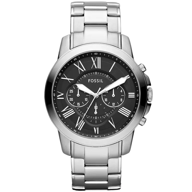 Fossil Grant 44mm Chronograph Black Dial Steel Mens Quartz Watch FS4736