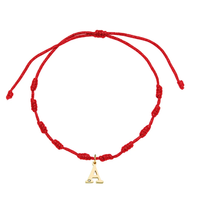 Pulsera Essenza Hilo Nudos Roja con Iniciales en Oro Amarillo 9 Kilates y Diamante